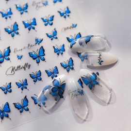 LIFOOST Butterfly Nail Stickers 5D Embossed Glitter Blue Butterflies Nail Design Cute Nail Decals for Nail Art Self Adhesive Nail Supplies for Women DIY Manicure