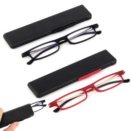 TOVEEN 2 Pack Compact Reading Glasses Anti Blue Light UV, Ultra-thin Slim TR90 Readers with Portable Flat Case for Men Women Red/Black +1.0