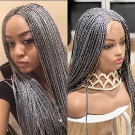 Braided Wigs for Black Women Box Braid Wig .Lightweight Cornrow Synthetic Lace Front closure wig. Natural Gray .Hand Braided Wigs Braided wig.