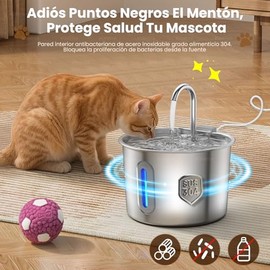 Fuente de Agua para Gato 304 Acero Inoxidable, 2.2L Bebedero para Gatos con 5 Etapas de Filtración, Reserva de Emergencia y Bomba Ultra Silenciosa