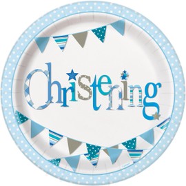 Unique 52055EU Eco-Friendly Paper Plates-23 cm-Blue Bunting Christening-8 Count (Pack of 1), Multicolour