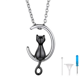 Black Cat on Moon Cremation Urn Necklace for Ashes Stainless Steel Moon Cat Pet Ashes Necklace Memorial Jewelry for Women