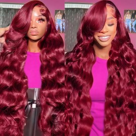 AYMMOLI 26 Inch 99j Burgundy Lace Front Wigs Human Hair 13x4 HD Red Burgundy Wig Human Hair 200% Body Wave Lace Front Wigs Pre Plucked Glueless Frontal Wigs for Women