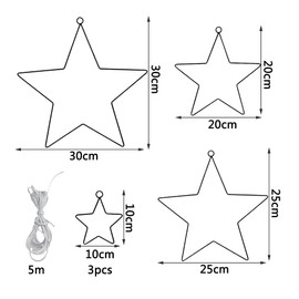 Pack of 6 Metal Ring Stars, Wire Stars, 10/20/25/30 cm, Metal Frame Star, Metal Star, Wire Star, Wire Stars, Metal Star Christmas Decoration with 5 m Jute String (Black)