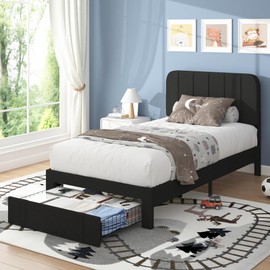 VECELO Twin Size Upholstered Bed Frame with 4 Drawers and Headboard, Velvet Platform Storage Bedframe, Wooden Slats Support, No Box Spring Needed,Black
