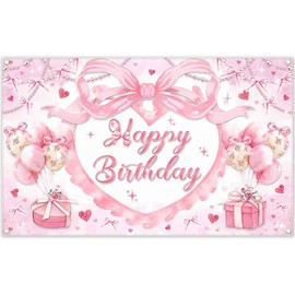 Luminora 72x43inch Fabric Pink Bow Happy Birthday Backdrop Balloons Love Heart Gifts Photography Background Women Girls Birthday Party Decorations Photo Banner