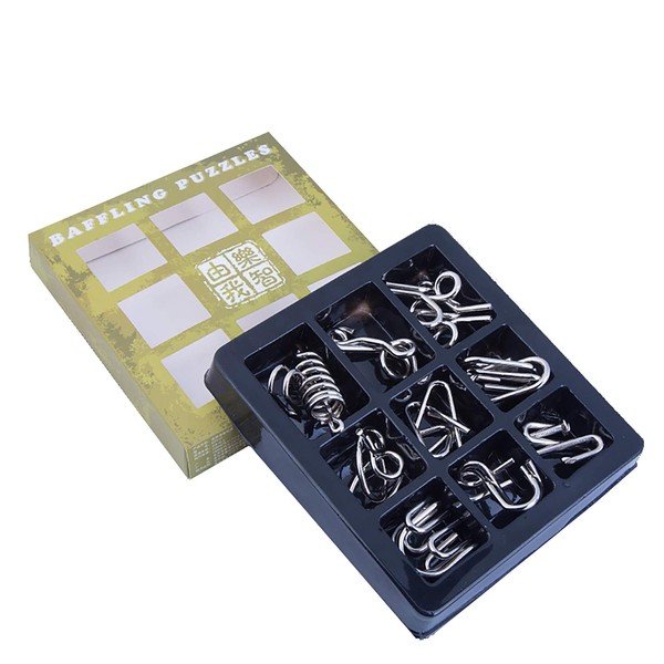 Ahyuan 9 Pieces IQ Test Mind Game Toys IQ Toys Brain Teaser Metal Wire Puzzles Magic Trick Toy Metal IQ Puzzle for Students and Adults (Highest Level)