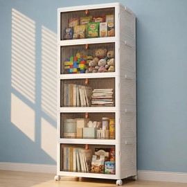 170 Qt Large Storage Bins with Lids, 5 Tier Stackable Storage Cabinet with Wheels & Clear Doors, Foldable Plastic Closet Organizer for Bedroom, Bathroom & Kitchen