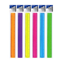 BAZIC Plastic Ruler 12" (30cm) w/Handle Grip, Inches Centimeter Metric Measuring Drafting Rulers, for Students School Supplies, Assorted Color, 6-Pack