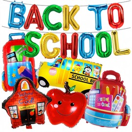 BELSITA Back to School Balloons Cartoon Balloons Decoration Set,Colorful Letter Foil Balloons Schoolbag Bus Star House Balloons Cute Balloons Accessories for First Day of School Party Decor 17pcs
