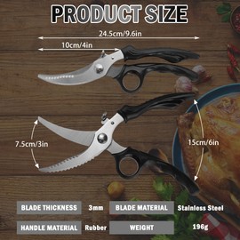 CXRYLZ-FUR Poultry Scissors, Heavy Duty Kitchen Scissors with Serrated and Locking, 8 cm Stainless Steel Cutting Blades, Professional Household Scissors for Bones, Meat, Turkey, Vegetables, Fish,