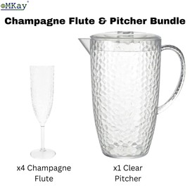eMKay® Reusable Four Clear Dimple Plastic Champagne Flutes (200ml) & ONE Clear 2L Dimple Pitcher with Lid Set– Stylish Shatterproof Picnic Drinkware for Prosecco, Garden Events & Outdoor Celebrations
