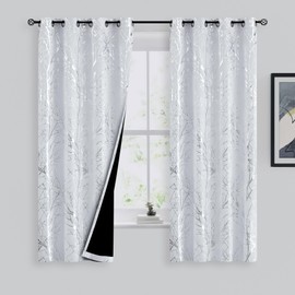 FMFUNCTEX 100% Blackout Curtains Silver White Curtains 63 Inches Length for Bedroom, Metallic Foil Tree Branch Patterned Panels for Living Room Darkening Window Drapes Thermal Insulated, 2 Panels