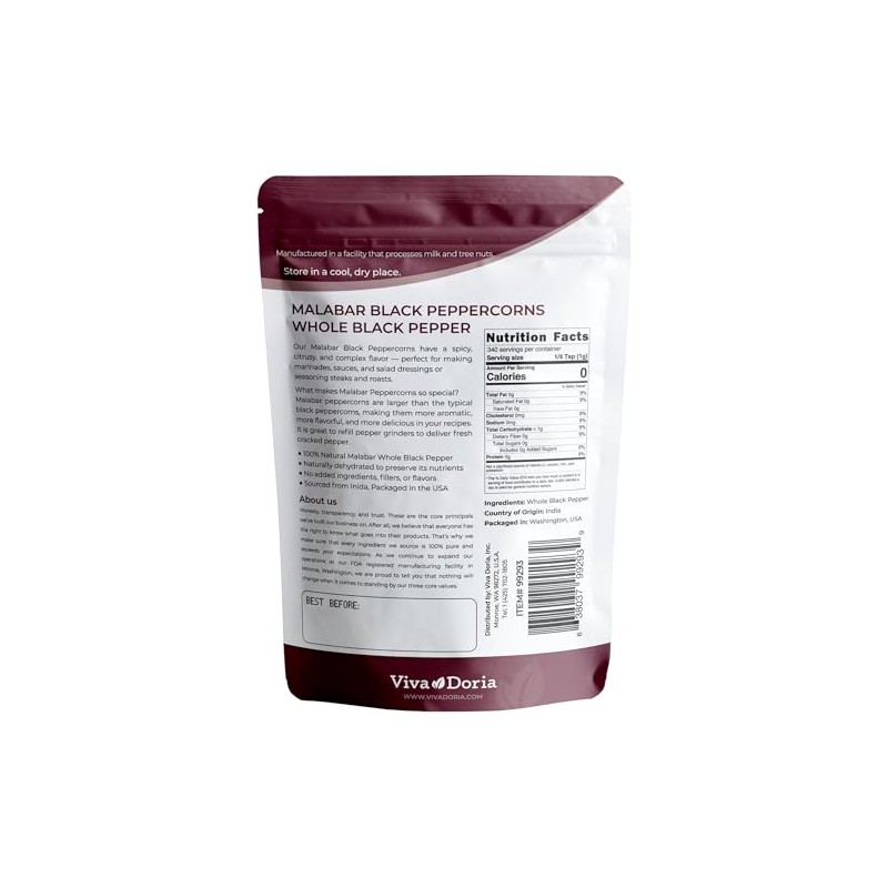 Viva Doria Malabar Black Peppercorns, Whole Black Pepper, Black Peppercorn