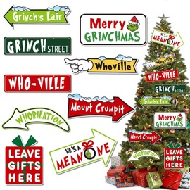 18PCS Grinch Christmas Decorations, The Grinch Christmas Decorations, Includes 18 Signboards, 40 Glue Dots & 18 Strings, Perfect for Holiday Decor & Funny Xmas Parties