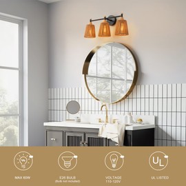 FIYUEOYI Bathroom Light Fixtures, Boho 3 Light Bathroom Vanity Light Over Mirror with Rattan Woven Wicker Lampshade Rustic Wall Sconce Lighting for Bedroom Kitchen Hallway