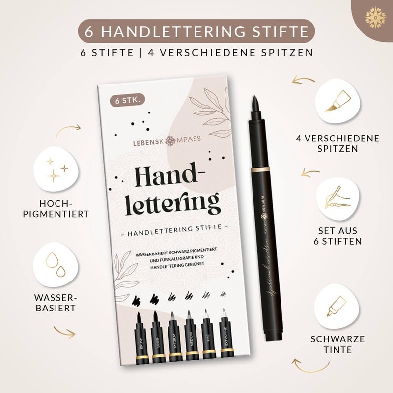 LEBENSKOMPASS Hand Lettering Pens Set of 6 Water-Based Hand Lettering