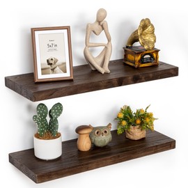Fun Memories Floating Shelves for Wall, 24"x9.3" Rustic Solid Elm Wood Shelves, Heavy-Duty Wall Mounted Shelves with Invisible Brackets, Set of 2 for Living Room, Bedroom, Kitchen, Walnut Finish