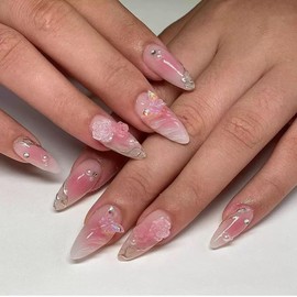 Pink Press on Nails Medium Almond Fake Nails 3D Flowers Butterfly Acrylic Nails Gradient False Nails Gold Line Artificial Nails Press ons with Pearl Designs Ombre Glue on Nails for Women Girls 24Pcs