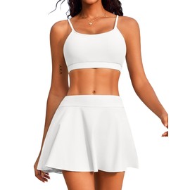 AI'MAGE High Waisted Bikini Sets Tummy Control Two Piece Swimsuit Scoop Neck Bathing Suit Sporty Padded with Skirt White