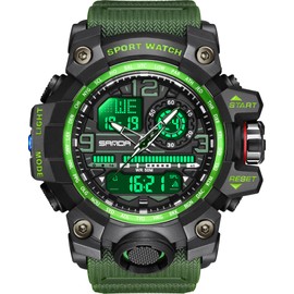Digital Watch Men's Analogue Digital Sport Military Watch for Men Boys Outdoor Waterproof Sports Watch with Alarm Clock LED Light Date Week 12/24H Multifunctional Tactical Watch for Men, Green, Strap.