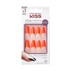 KISS Acrylic French False Nails Kit, X-Long Coffin Shape Design Nail, Orange Color French Tip Nails, Ready to Wear Gel & Manicure Stick included, Long-Lasting Convenient & Easy to Apply
