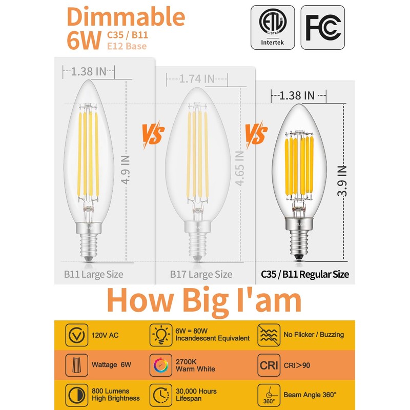 CRLight 6W Dimmable LED Candelabra Bulb 80W Equivalent 800LM, 6