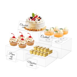 THMINS 4 Pcs Clear Buffet Risers with Mini Signs,Acrylic Food Risers for Buffet Table,Display Stand for Dessert,Jewelry,Figures Show,Cube Display Base with Hollow Bottoms (6",6.5",7",8")
