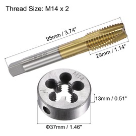 sourcing map Tap and Die Set Metric M14 x 2, HSS (High Speed Steel) Titanium Plated Machine Spiral Point Thread Screw Tap, Alloy Steel Round Threading Die