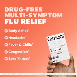 Genexa Flu Fix | Multi-Symptom Flu Remedy for Kids & Adults | Relieves Aches, Fever, Congestion | Acai Berry Flavor | Organic & Non-GMO | Homeopathic Remedy Made Clean | 60 Chewable Tablets, Ages 4+​