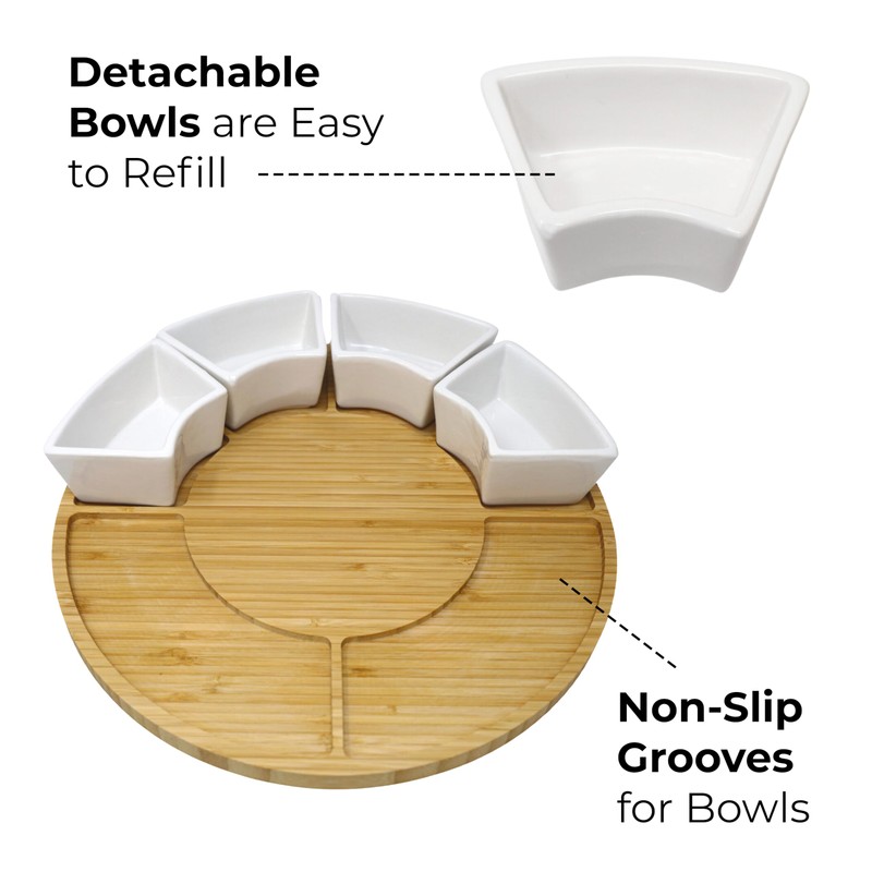 JS Gourmet Bamboo Cheese Board with 4 Ceramic Bowls, Round