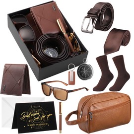 Geyoga 12 Pcs Men Birthdays Gift Set with Box for Men Dad Basket PU Leather Wallet Leather Toiletry Bag Tie Socks Belt Keychain Sunglasses Pen Compass Set for Father's Day(Brown)