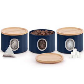 EHC Set of 3 Kitchen Storage Canisters for Tea, Coffee, and Sugar, Transparent Window Airtight Kitchen Multi-Purpose Containers, Navy Blue