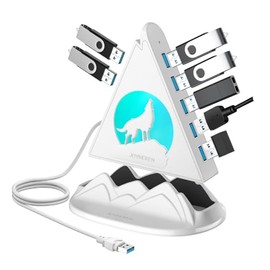 USB Hub 3.0, 7-Port USB Hub with RGB Night Light and Base, Vertical USB a Splitter for Desktop,Laptop, MacBook, Game Console, Flash Drive, XPS, PC, Printer, Camera, Keyboard（White+Base）