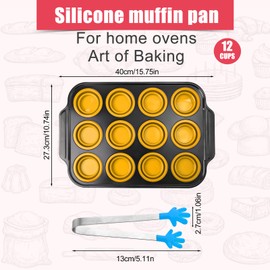 NQEUEPN Muffin Pan with Food Tongs, 12 Cups Silicone Molds Cupcake Pans Silicone Molds Egg Bite Maker Mini Muffin Pans Baking Supplies for Baking Muffin Non-Sticky Tray (Black Yellow)