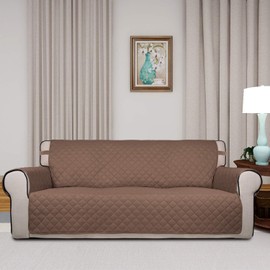 PureFit Reversible Quilted Sofa Cover, Water Resistant Slipcover Furniture Protector, Washable Couch Cover with Non Slip Foam and Elastic Straps for Kids, Dogs, Pets (Large, Brown/Beige)