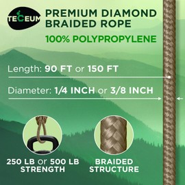 TECEUM Rope – 90 Feet x 1/4 Inch (7mm) – Coyote Brown – Strong All-Purpose Utility Rope – Camping, Crafting, Flag Pole, Indoor & Outdoor – Polypropylene Nylon Poly Lightweight Diamond Braided Cord