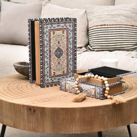 DECOR4SEASON Vintage Faux Leather and Wood Decorative Faux Book Boxes Set with Arabesque Pattern of 3-13", 10", 8"