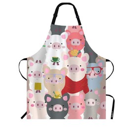 Beabes Celebrated Pigs Pastel Cartoon Chef Apron 27 X 31 Inch Animal Sunglasses Coffee Flowers Pattern Durable Non-Pilling Bib Apron for BBQ Grilling Gardening with Adjustable Neck Strap