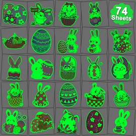 CHARLENT Glow in The Dark Easter Temporary Tattoos for Kids Party Supplies - 74 Individually Sheets Luminous Easter Egg Bunny Tattoos for Boys Girls Party Favors Goodie Bag Fillers