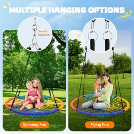 Trekassy 45" 750lbs Spider Web Tree Swing for Kids & Adults, Outdoor Steel Frame Saucer Net Swing with Swivel, Adjustable Ropes + 2 Tree Hanging Straps (Rainbow)