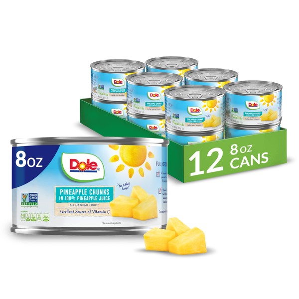 Dole Canned Fruit, Pineapple Chunks in 100% Pineapple Juice, Gluten Free, Pantry Staples, 8 Oz, 12 Count