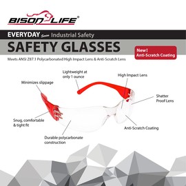 BISON LIFE Clear Lens Red Temple Protective Safety Glasses - Case of 144 Pairs Red Eyewear, Polycarbonate Impact Resistant Lens
