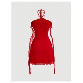 GORGLITTER Women's Flower Strapless Halter Bodycon Mini Dresses Elegant Classy Y2K Mesh Tassel Backless Summer Sundress Red Medium