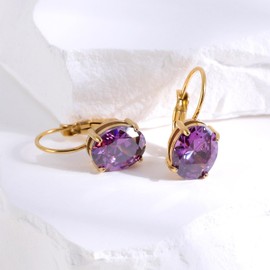 TaYolnFaSo Cut-Oval Amethyst Leverback Earring 18k Gold Plated Hanging Drop Earring Purple CZ Earring February Birthstone Gift Oval Purple Amethyst Dangle Earring Jewelry Birthday Gift for Women