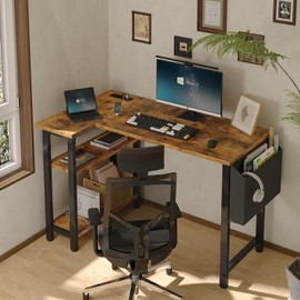 DLisiting Small L Shaped Desk with Power Outlet Shelves, 40 Inch Corner Desk for Small Space Home Office, Study Work Computer Desks with Charging Station, Rustic Brown