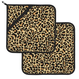 Pot Holders 2PCS Brown Leopard Print, Animal Skin Potholder for Kitchen Heat Resistant Microwave Cooking Baking Oven End Dishes and BBQ
