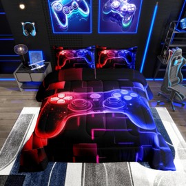 Erosebridal Kids Gamer Comforter Set Queen, Gaming Bedding, Video Games Gamepad Bedding Comforter Sets Neon Glowing Square Geometric Grid Red Blue Bedroom Decor Duvet Insert