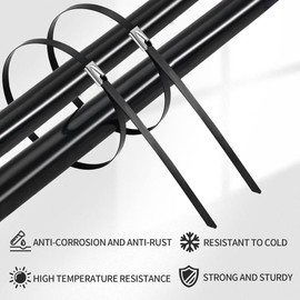 Wisyurt 100Pcs Metal Zip Ties Black Cable Tie 11.8 Inch 304 Stainless Steel for Machinery, Vehicles, Farms, Cables