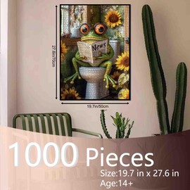 Funny Frog on Toilet, 1000 Piece Puzzle for Adults, Large Frog, Reading Newspaper, Puzzle, Bathroom Decor with Sunflowers, Whimsical Animal Puzzles for Men, Women, Family, Challenging